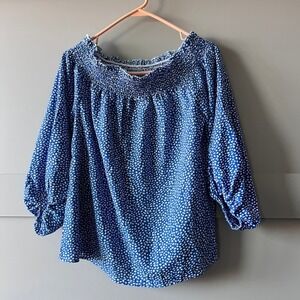 Blue White Floral Smocked Off Shoulder Peasant Blouse Top 3/4 Small Floral